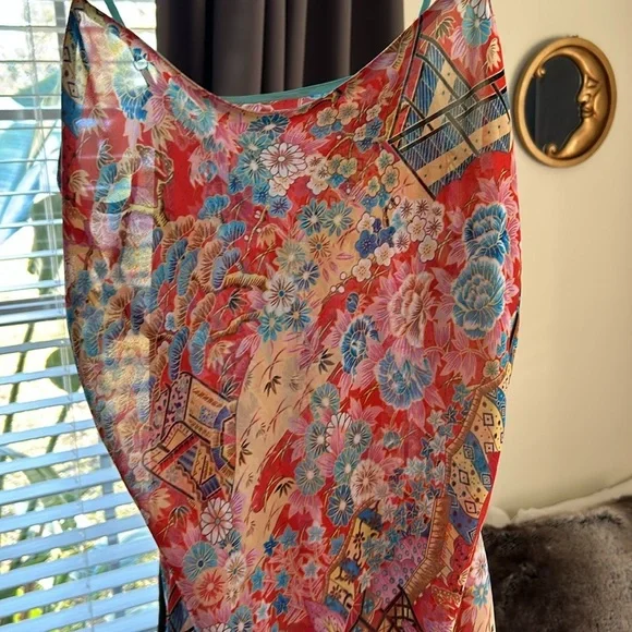 Cute semi sheer Asian Floral Multicolor Summer mini slip Dress​​ - Picture 14 of 15